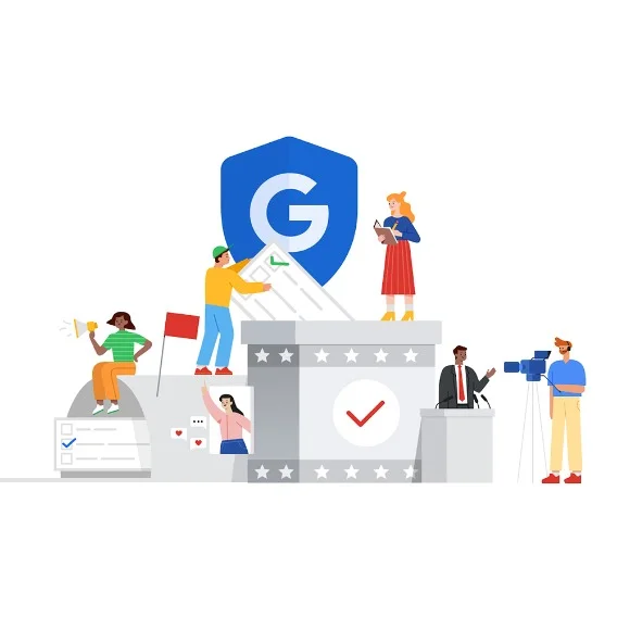 illustration of a blue shield, people, a ballot box and tv camera