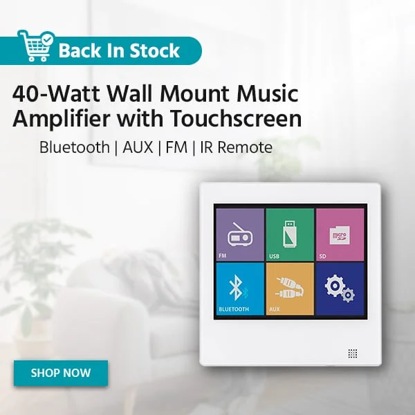 Back in Stock (tag) Commercial Audio 40-Watt Wall Mount Music Amplifier with Touchscreen Bluetooth | AUX | FM | IR Remote Shop Now