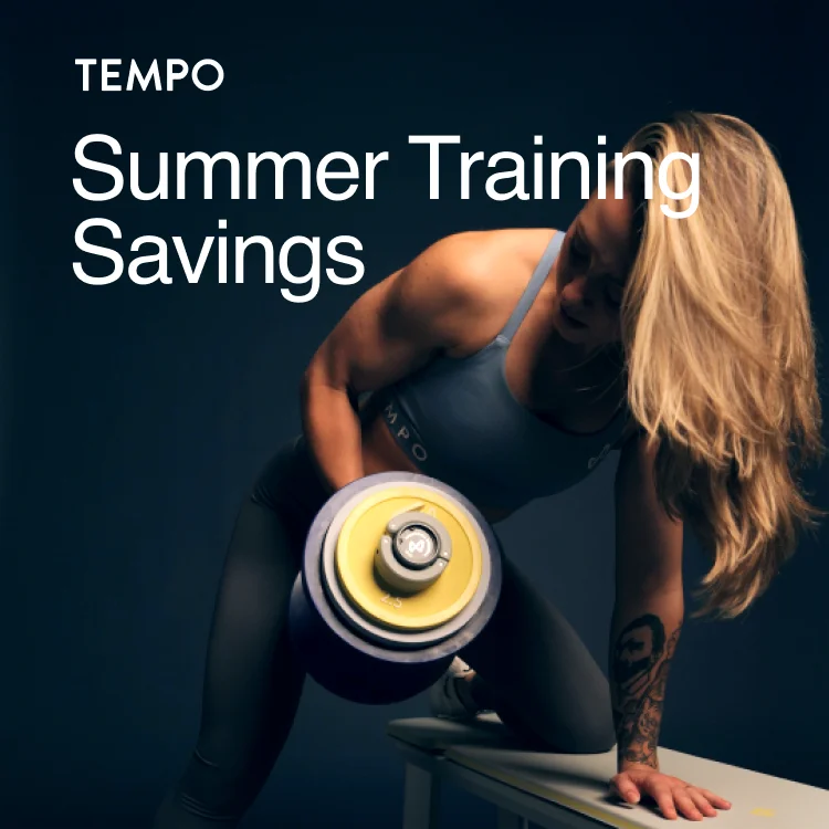 Image of a female training with a dumbbell and text on the image showing Tempo logo and saying: "Summer training savings"