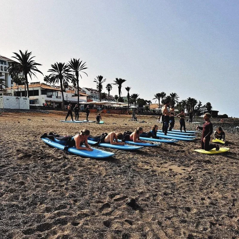 Image Description: Male instructor teaching a group of travelers how to surf before getting in the water