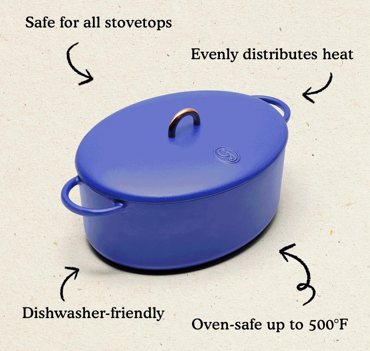 Dutchess. Safe for all stovetops. Dishwasher-friendly