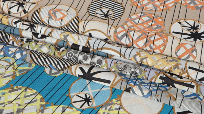 A closeup graphic of multicolored textiles in the Beyond pattern by Jacob Hashimoto and Maharam.