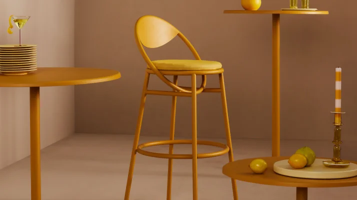 DWR Outdoor Tide coffee table, cafe table, bar table, and bar chair with cushion in Sol Yellow. Tan floor and walls with yellow and white striped umbrella.