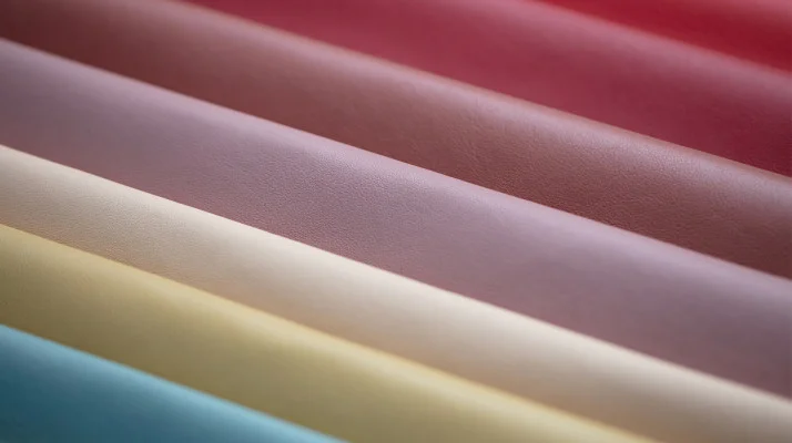 Closeup graphic of leather textiles in blue, yellow, white, and varying shades of pink.