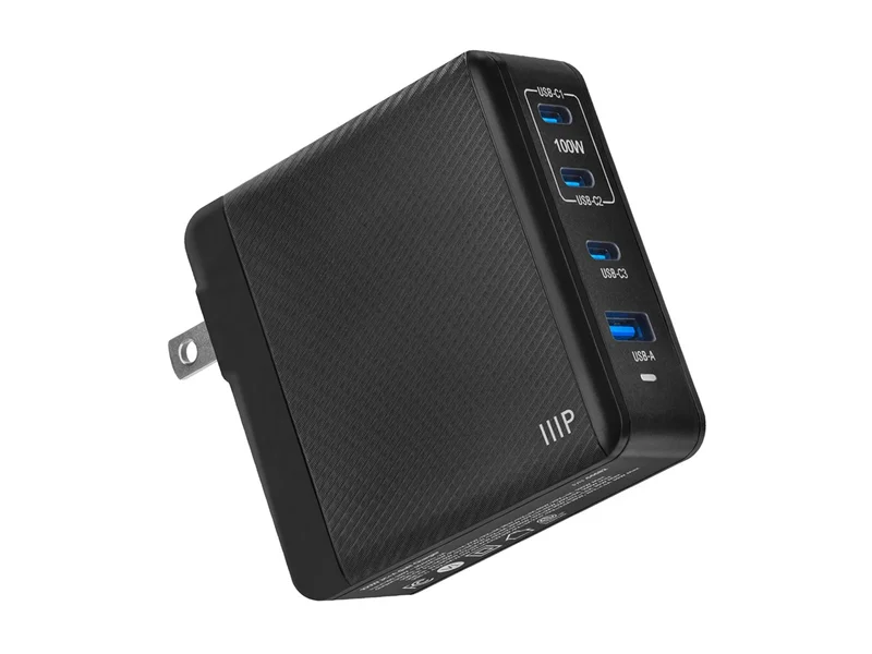 Monoprice Compact 4‑Port 100W GaN Charger with 3 USB-C & 1 USB-A Ports: For Laptop, Tablets, and Phones