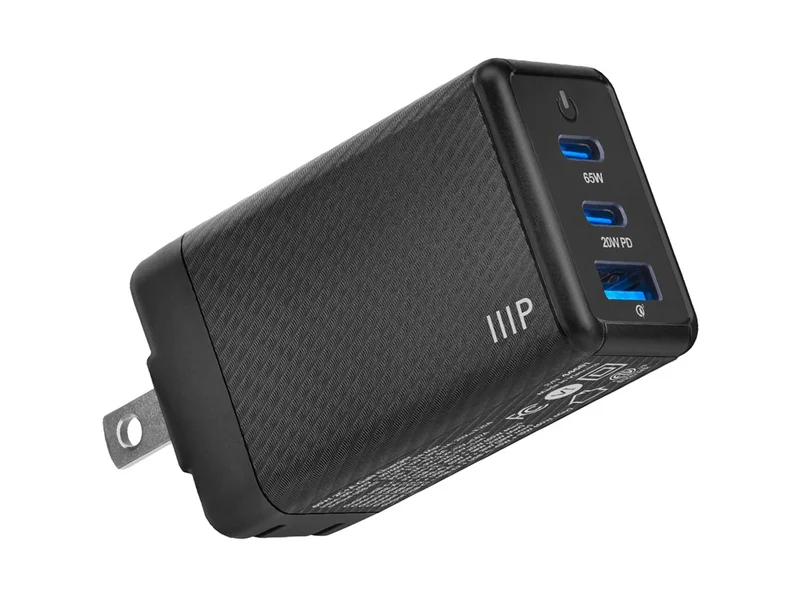 Monoprice Compact 3‑Port 65W GaN Charger: For Laptop, Tablets, and Phones