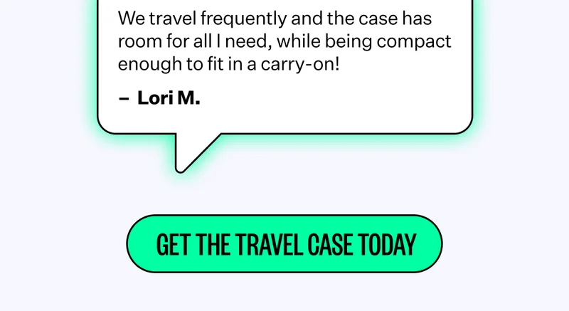 We travel frequently and the case has room for all I need, while being compact enough to fit in a carry-on! - Lori M. | Get The Travel Case Today