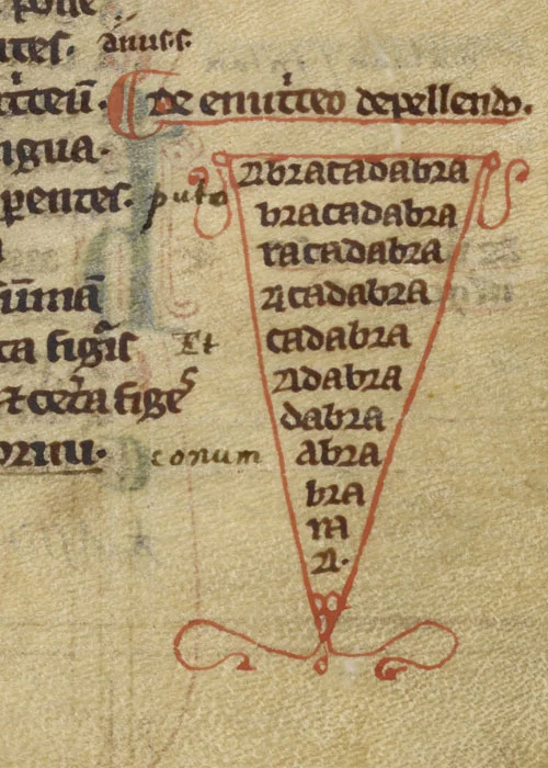 A 13th-century manuscript preserves Quintus Serenus Sammonicus’ ancient Roman “cure” with the word ABRACADABRA written in decreasing letters within an inverted triangle.