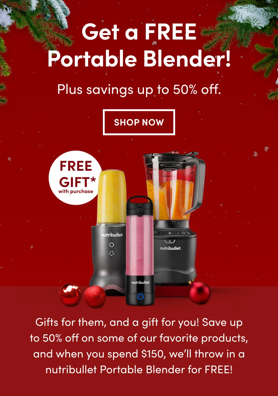 Full-size nutribullet blender next to a portable nutribullet blender, both filled with colorful smoothie ingredients on a festive background.