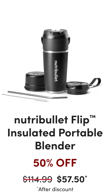 Black nutribullet flip insulated portable blender with lid and charging base displayed beside it.