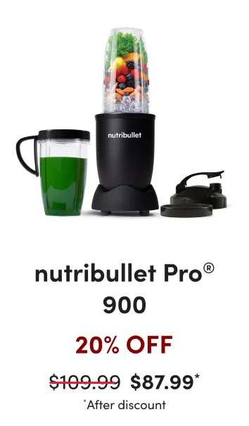 Red square graphic with a gift bow promoting 20% off personal blenders and 50% off select nutribullet products.