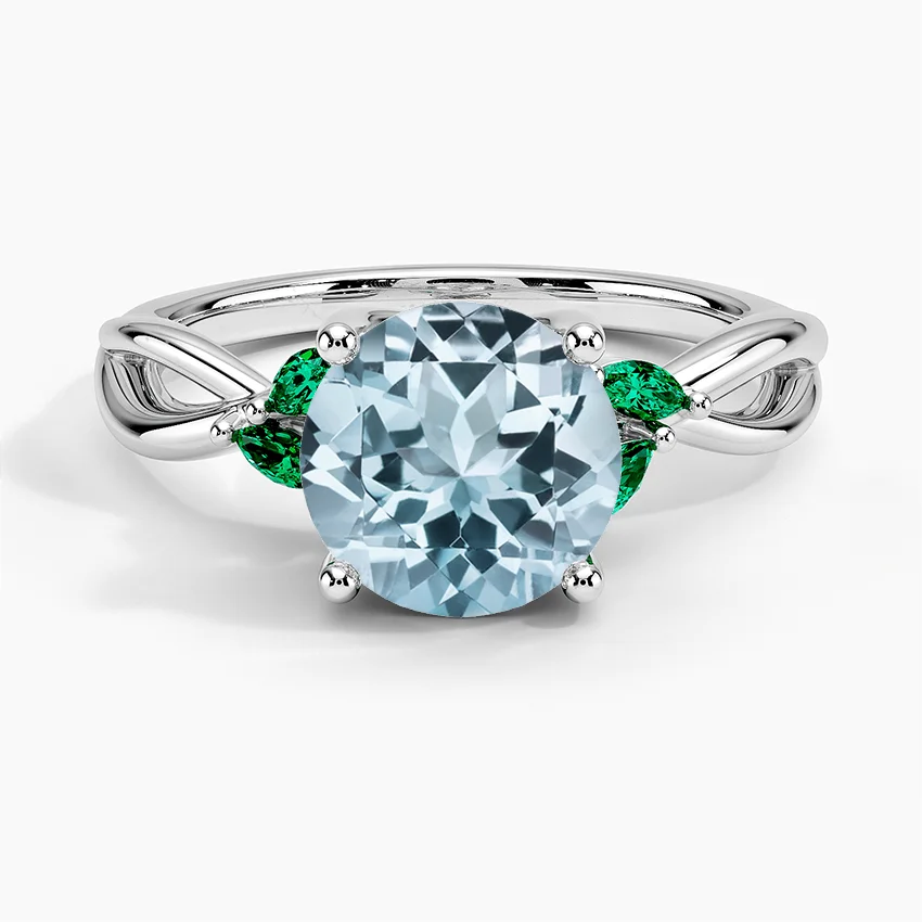 Platinum Aquamarine Willow Ring With Lab Emerald Accents