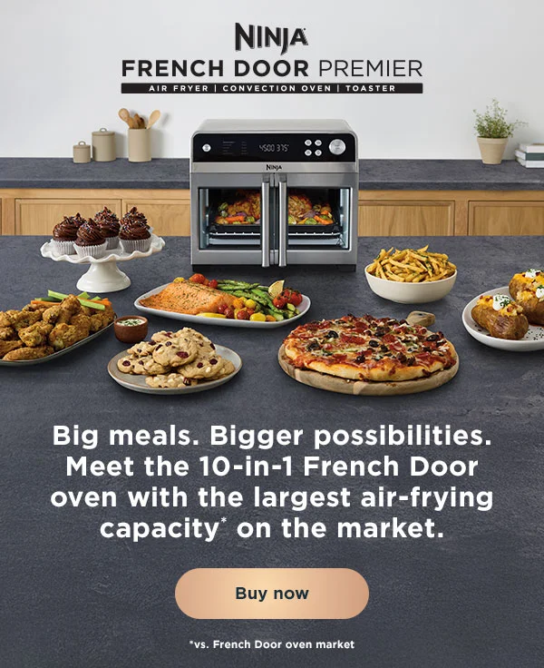 Ninja French Door Premier-- Big meals. Bigger possibilities. Meet the 10-in-1 French door oven with the largest air-frying capacity* on the market. * vs. French door oven market