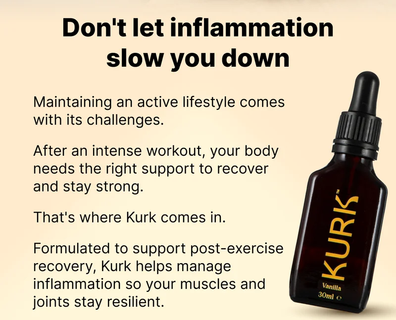 Don't let inflammation slow you down | Maintaining an active lifestyle comes with its challenges.   After an intense workout, your body needs the right support to recover and stay strong.  That's where Kurk comes in.  Formulated to support post-exercise recovery, Kurk helps manage inflammation so your muscles and joints stay resilient.