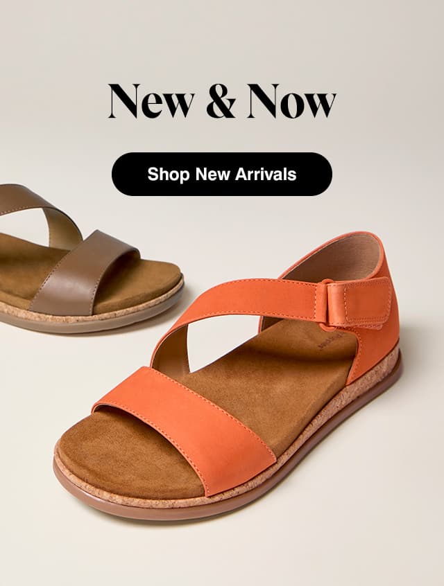 A light grey background. The new Rovie Sandal in Orange leather at the front and the Rovie Sandal in Mocha Brown leather off to the left side. The email says New & Now. Shop New Arrivals