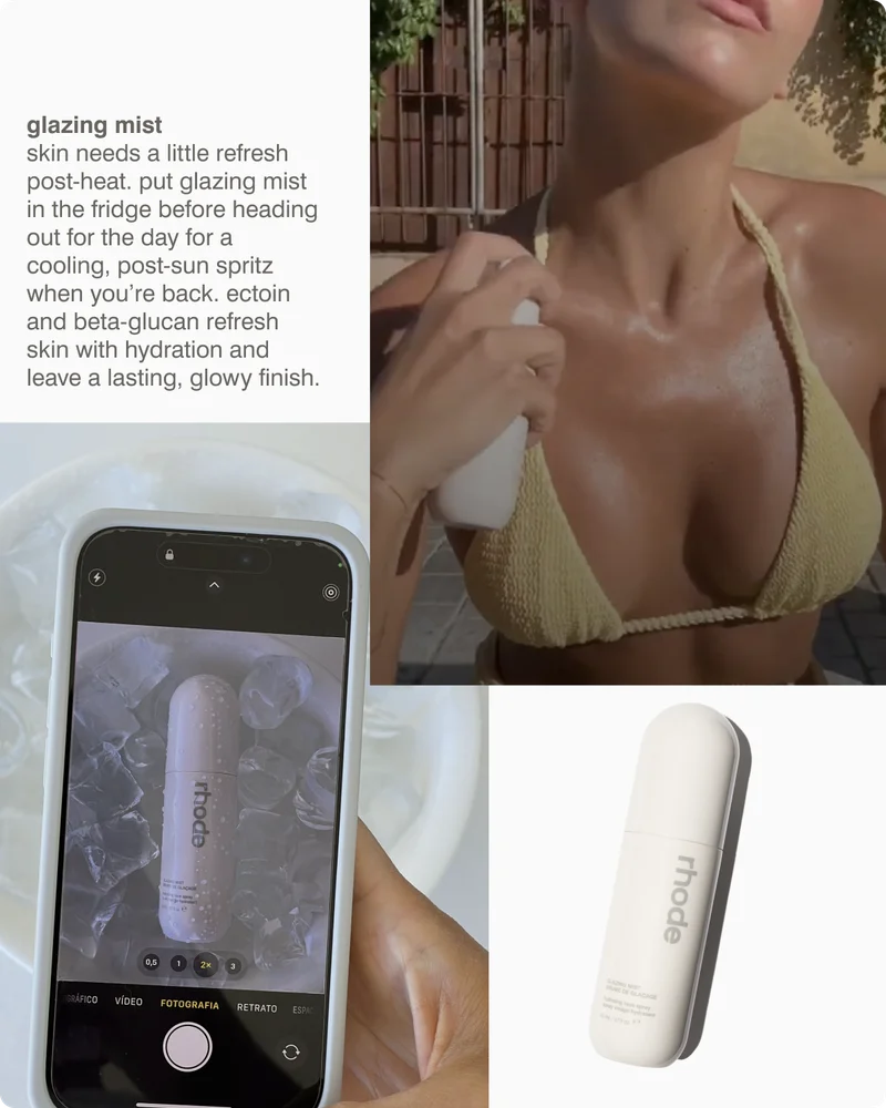 glazing mist Skin needs a little refresh post-heat. Put Glazing Mist in the fridge before heading out for the day for a cooling, post-sun spritz when you’re back. Ectoin and Beta-Glucan refresh skin with hydration and leave a lasting, glowy finish.