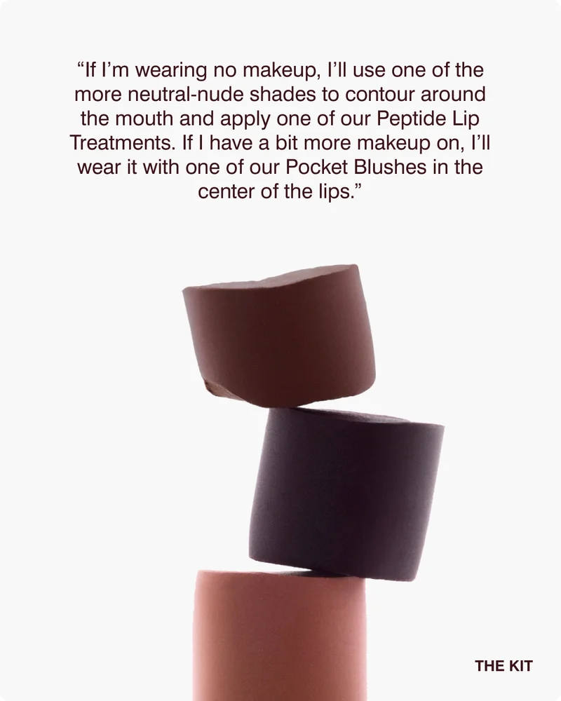 “If I’m wearing no makeup, I’ll use one of the more neutral-nude shades to contour around the mouth and apply one of our Peptide Lip Treatments. If I have a bit more makeup on, I’ll wear it with one of our Pocket Blushes in the center of the lips.”