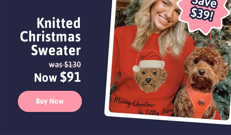 Custom Knitted Pet Face Christmas Sweater. Was $130. Now $91. Save $39! Buy Now.