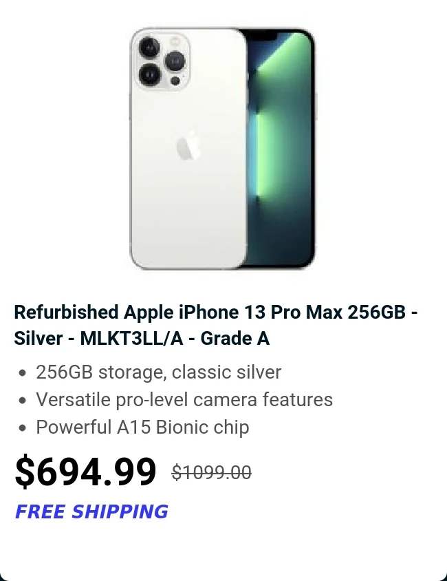 Refurbished Apple iPhone 13 Pro Max 256GB - Silver - MLKT3LL/A - Grade A