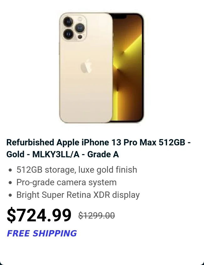 Refurbished Apple iPhone 13 Pro Max 512GB - Gold - MLKY3LL/A - Grade A