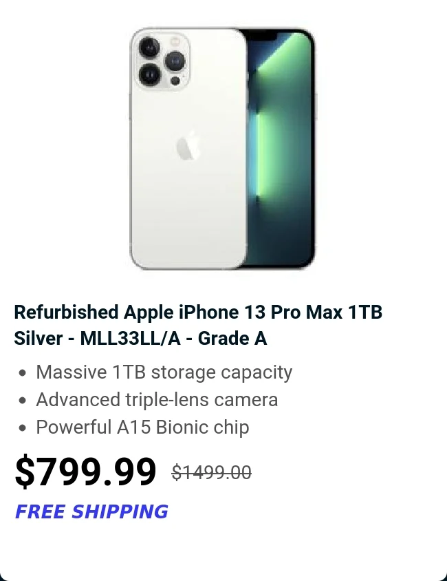 Refurbished Apple iPhone 13 Pro Max 1TB Silver - MLL33LL/A - Grade A