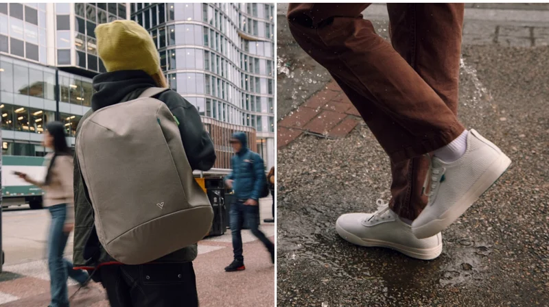 Lifestyle graphic of someone walking with the Astoria Backpack, and a second lifestyle graphic of someone wearing the Weekend Sneaker.