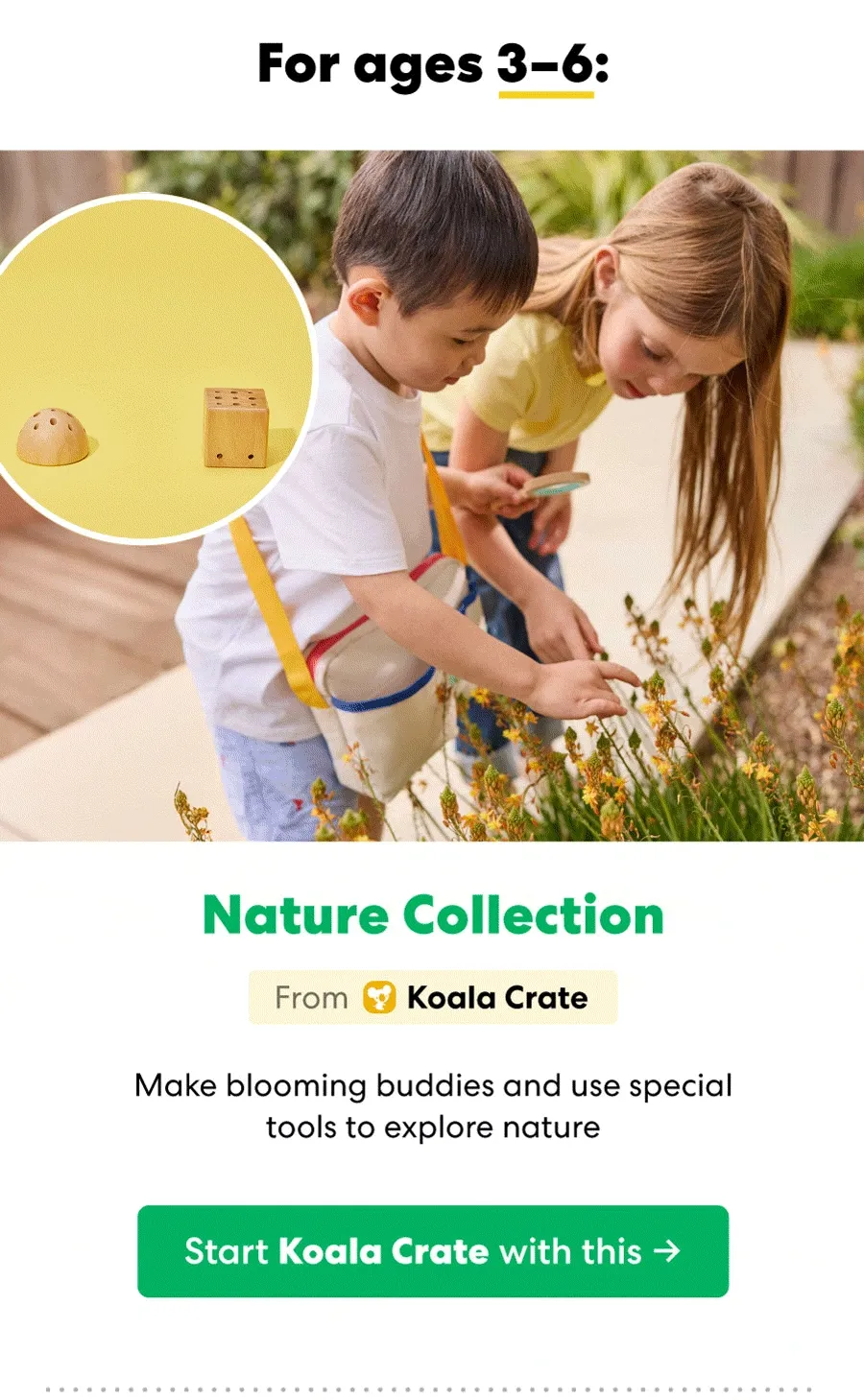 For ages 3-6: Nature Collection Koala Crate From Make blooming buddies and use special tools to explore nature Start Koala Crate with this