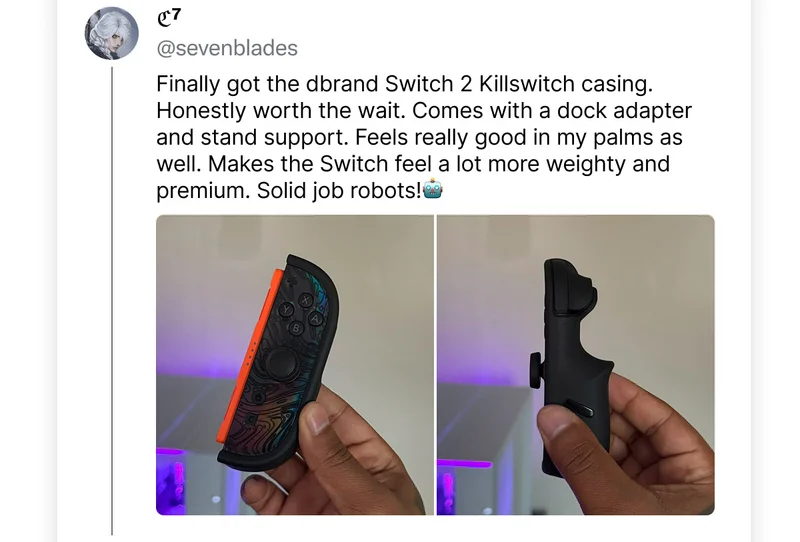sevenblades on Twitter: "Finally got the dbrand Switch 2 Killswitch casing. Honestly worth the wait. Comes with a dock adapter and stand support. Feels really good in my palms as well. Makes the Switch feel a lot more weighty and premium. Solid job robots!"