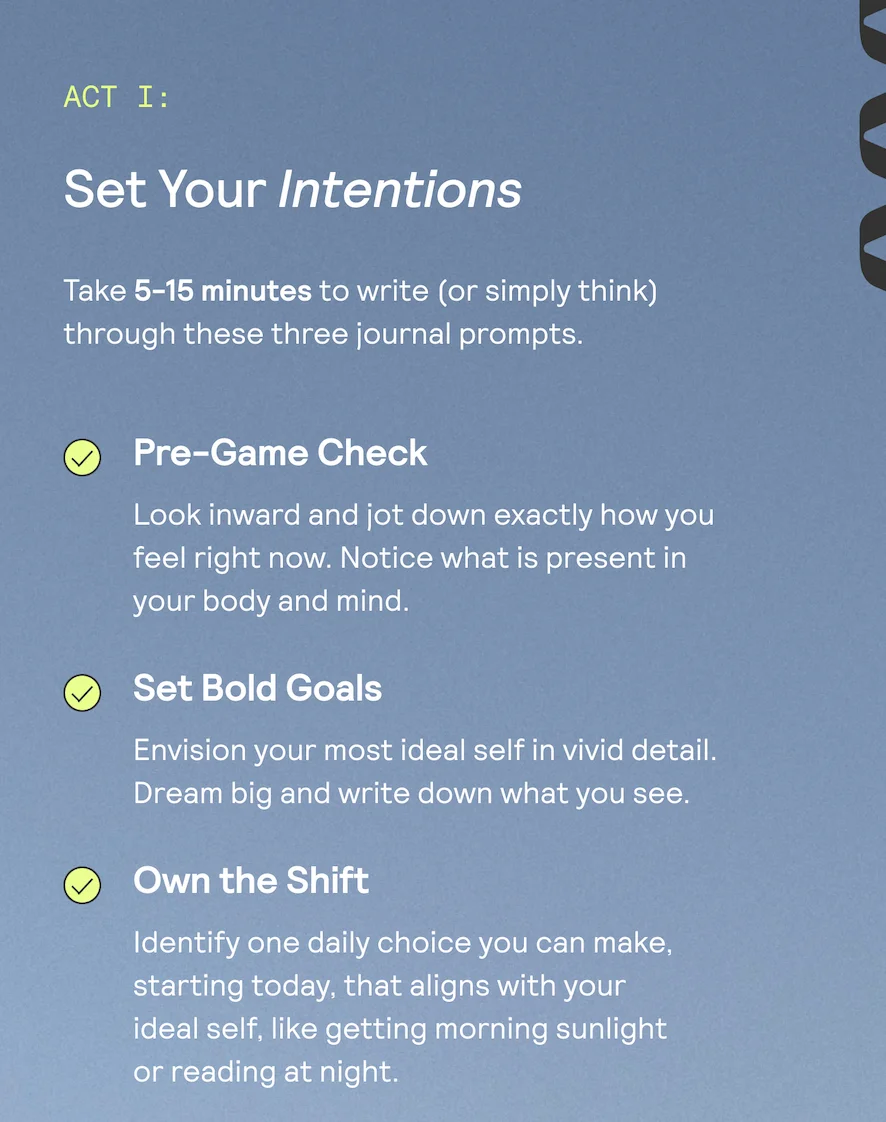 Set Your Intentions Take 5-15 minutes to write (or simply think) through these three journal prompts.