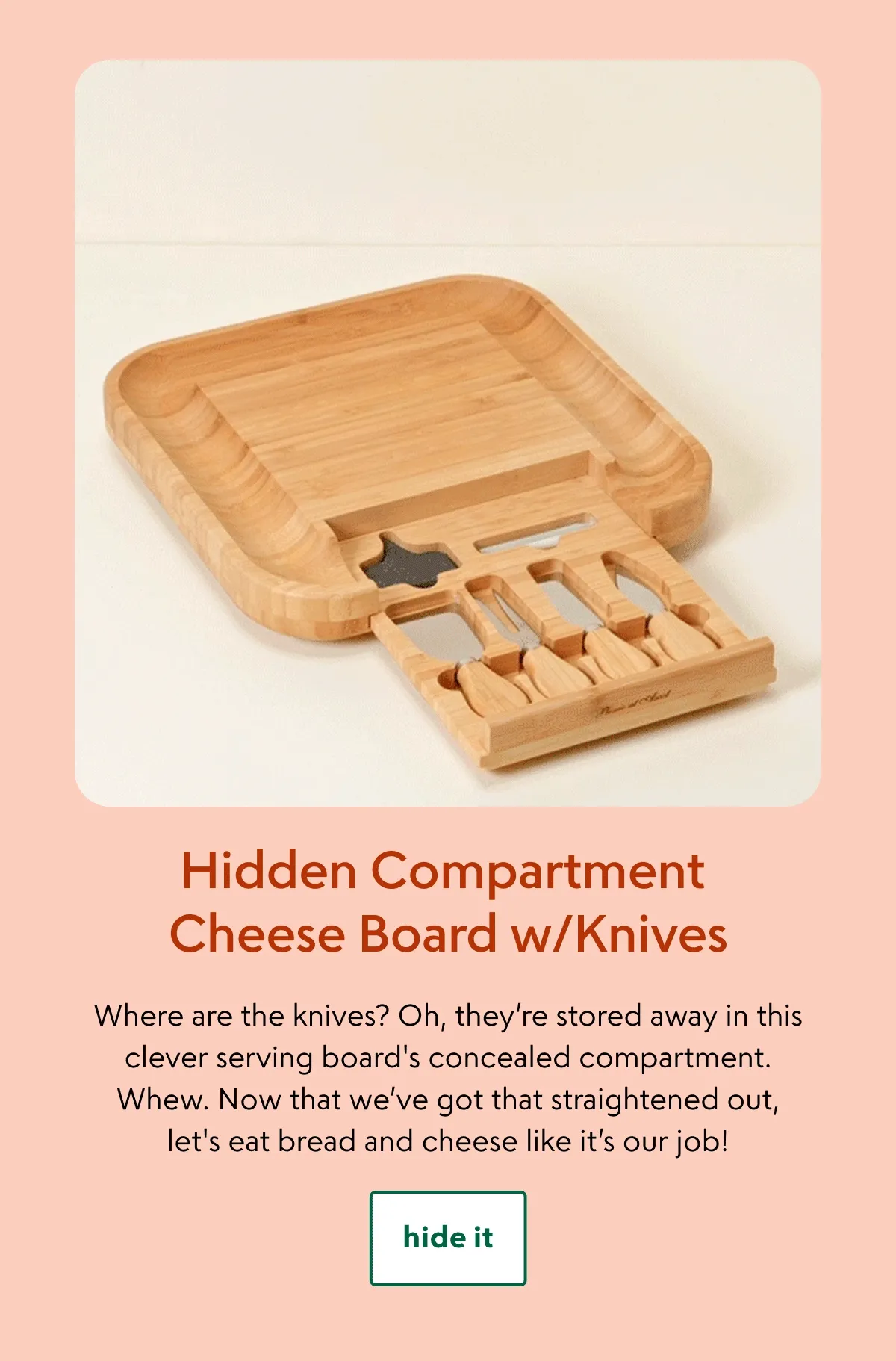 Hidden Compartment Cheese Board w/Knives