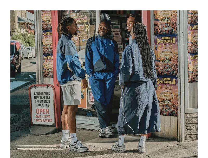 A group of four friends standing outside a bodega. All four are decked out in blue, black and grey New Balance athletic gear