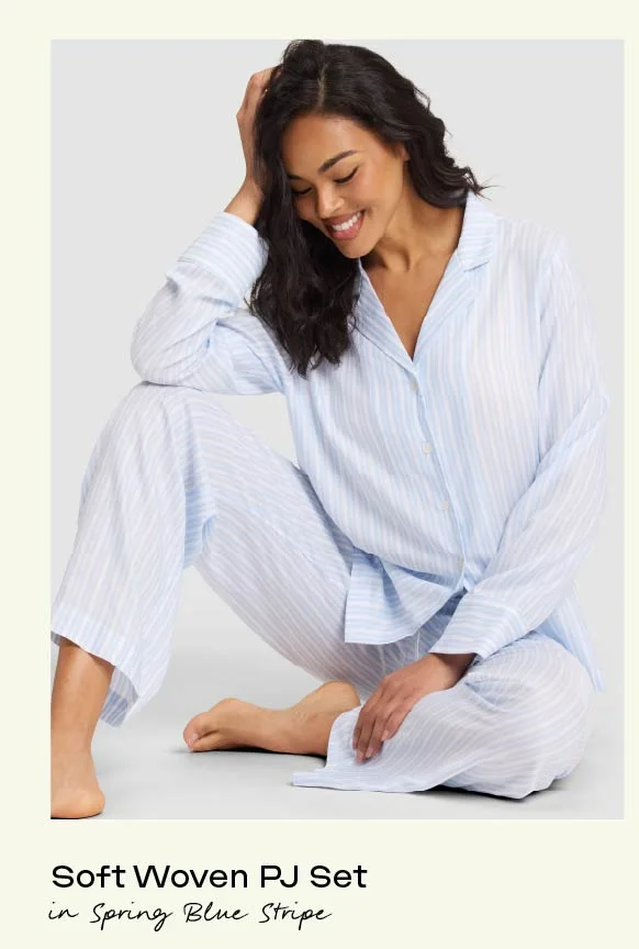 Soft Woven PJ Set in Spring Blue Stripe