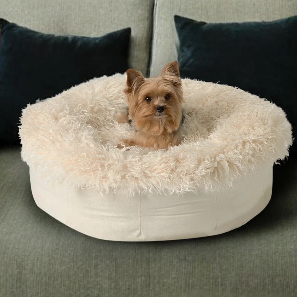 Image of PupPouf™ Luxe Faux Fur Donut Dog Bed - Plush Sheep Ivory