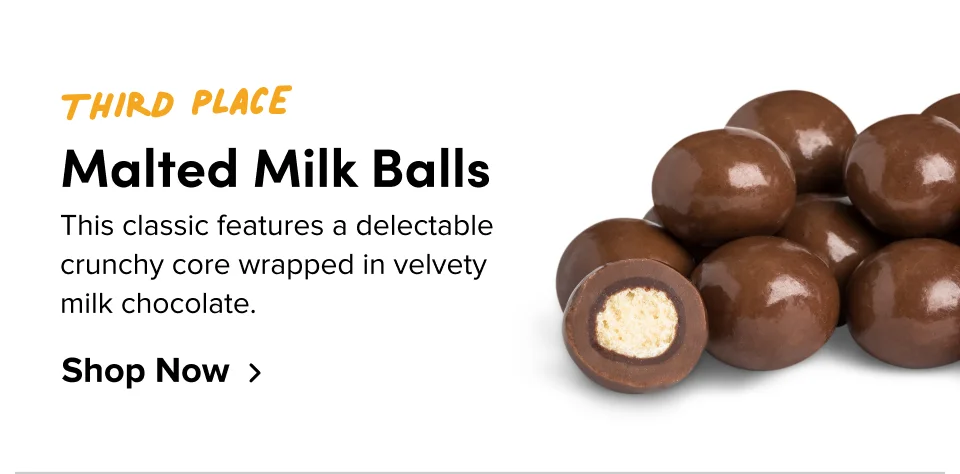 Third place Malted Milk Balls This classic features a delectable crunchy core wrapped in velvety milk chocolate. Shop Now