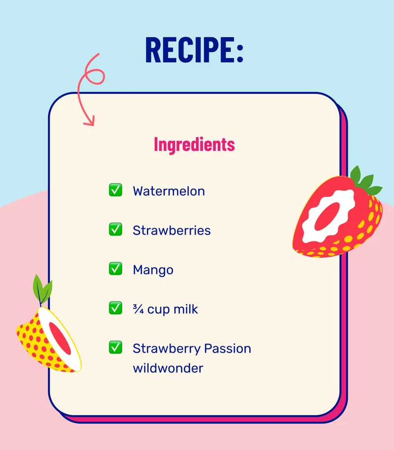 RECIPE: Ingredients: Watermelon, Strawberries, Mango, ¾ cup milk,  Strawberry Passion wildwonder