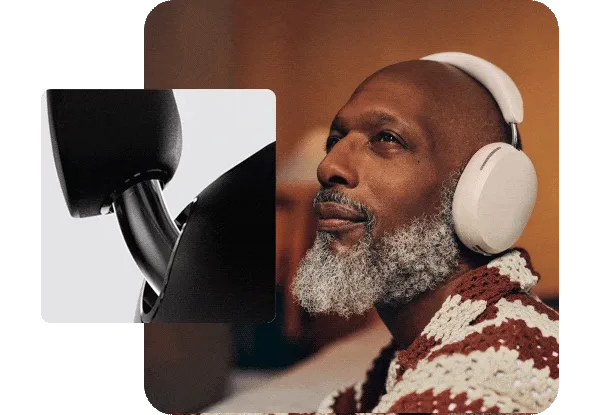 Sonos Ace white mature man listing to music