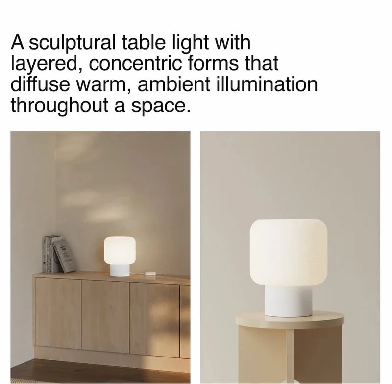 A sculptural table light with layered, concentric forms that diffuse warm, ambient illumination throughout a space.