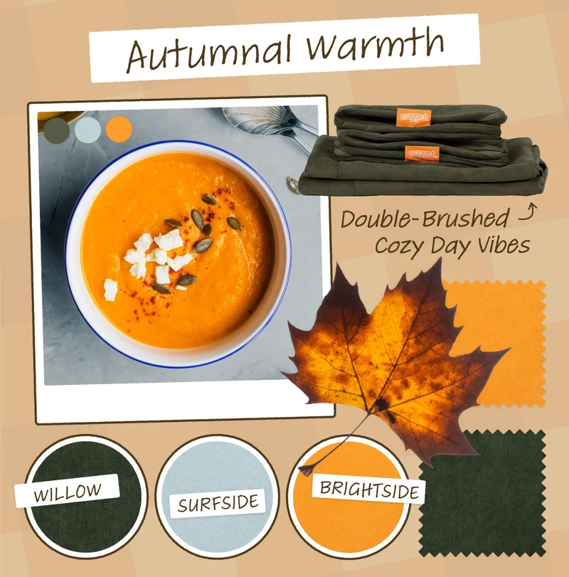 Autumnal Warmth mood board featuring a bowl of soup, a leaf, and swatches of Nuggets in fabrics Willow, Surfside and Brightside.