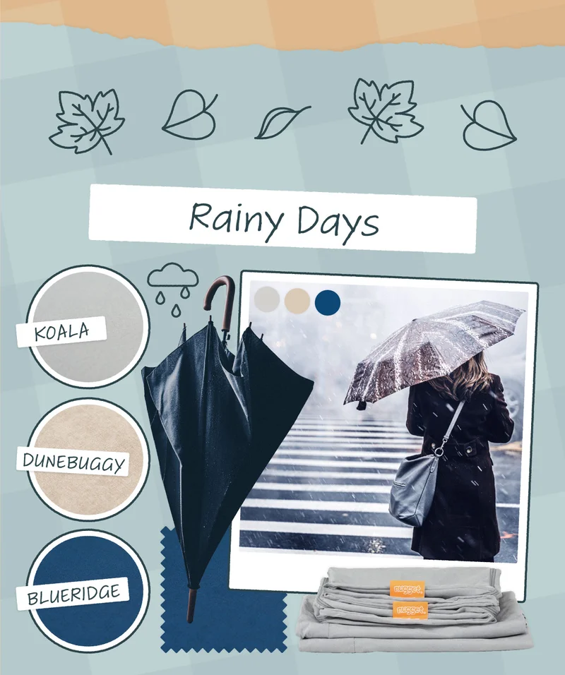 Rainy Day mood board featuring an umbrella, and swatches of Nuggets in fabrics Koala, Dunebuggy, and Blueridge.