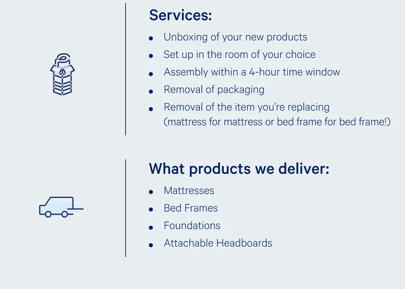 Services: >> Unboxing of your new products > Set up in the room of your choice > Assembly within a 4-hour time window > Removal of packaging > Removal of the item you’re replacing  (mattress for mattress or bed frame for bed frame!) >> What products we deliver: >> Mattresses > Bed Frames > Foundations > Attachable Headboards >>