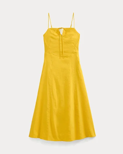 Image | Tie-Neck Dress in Stretch Linen | Passion Fruit