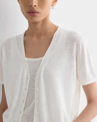 Image | Model |  Lace Trim Cardigan in Fine Linen | Bone