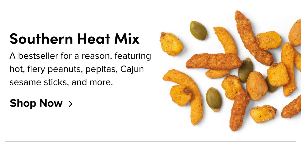 Southern Heat mix: A bestseller for a reason, featuring hot, fiery peanuts, pepitas, Cajun sesame sticks, and more; Shop now