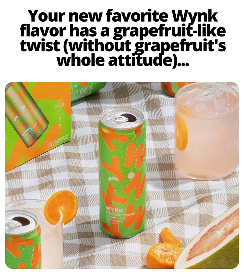 Photo of a can of Wynk Mandarin Pomelo seltzer on a gingham summer picnic blanket.