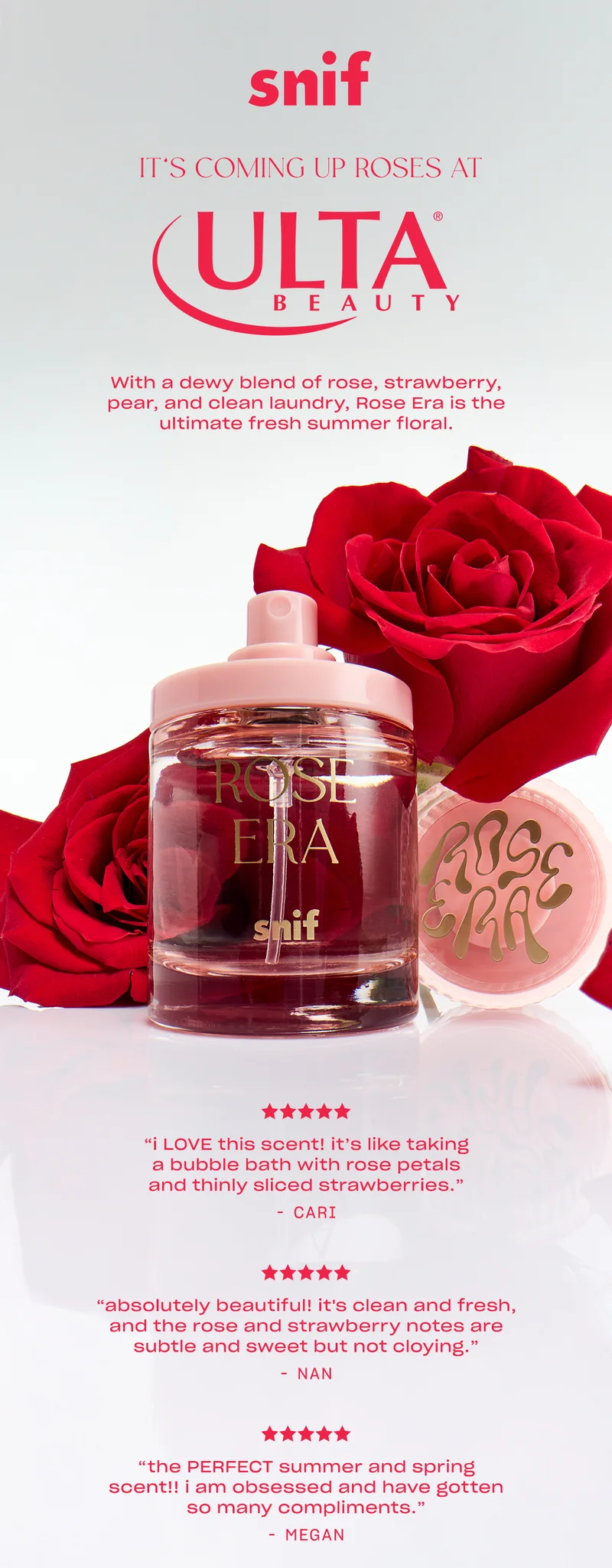 With a dewy blend of rose, strawberry, pear, and clean laundry, Monet McMichael’s scent is the ultimate fresh summer floral.
