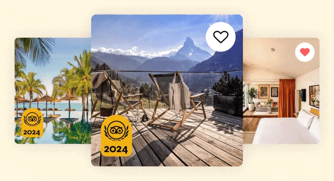 Image Description: Three images including a beach resort surrounded by palm trees with an infinity pool leading to the ocean, two chairs on a wooden deck in the mountains, and a rustic hotel room with a red curtain. A gold 2024 Travelers’ Choice Awards Best of the Best badge is on the bottom left corner of the first two images, and animated hearts that turn red are on the second image.