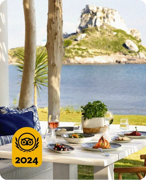 Image Description: A table with food and drinks outside overlooking the water and an island in the distance.