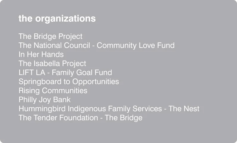 the organizations: The Bridge Project The National Council - Community Love Fund In Her Hands The Isabella Project LIFT LA - Family Goal Fund Springboard to Opportunities Mothers Rising for Guaranteed Basic Income Philly Joy Bank Hummingbird Indigenous Family Services - The Nest The Tender Foundation - The Bridge