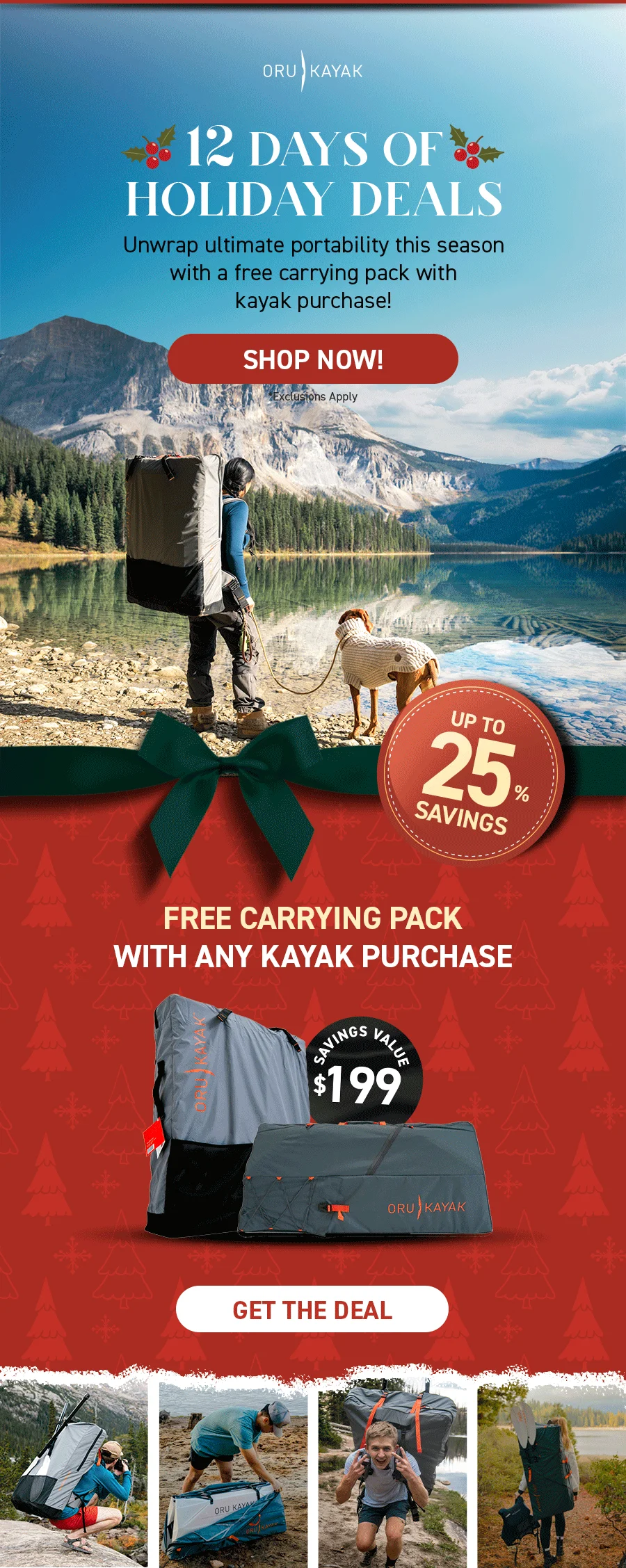 12 Days of Holiday Deals! Today only, get a FREE carrying pack with any kayak purchase!