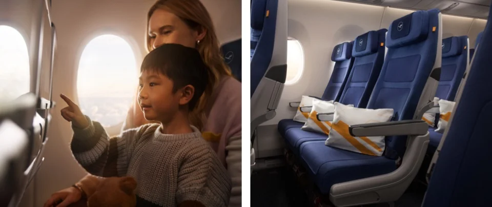 A young boy enjoys the onboard entertainment. Right: Rows of empty seats just before boarding.